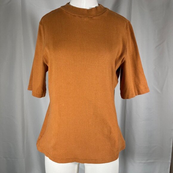 MAEVE Anthropologie Ribbed Shirt Short Sleeve Sweater Women Sz Large Camel Brown - Picture 2 of 11